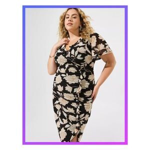 NWT Torrid 2X Black Floral Print Knee Length Mesh Surplice Ruffle Slit Dress
